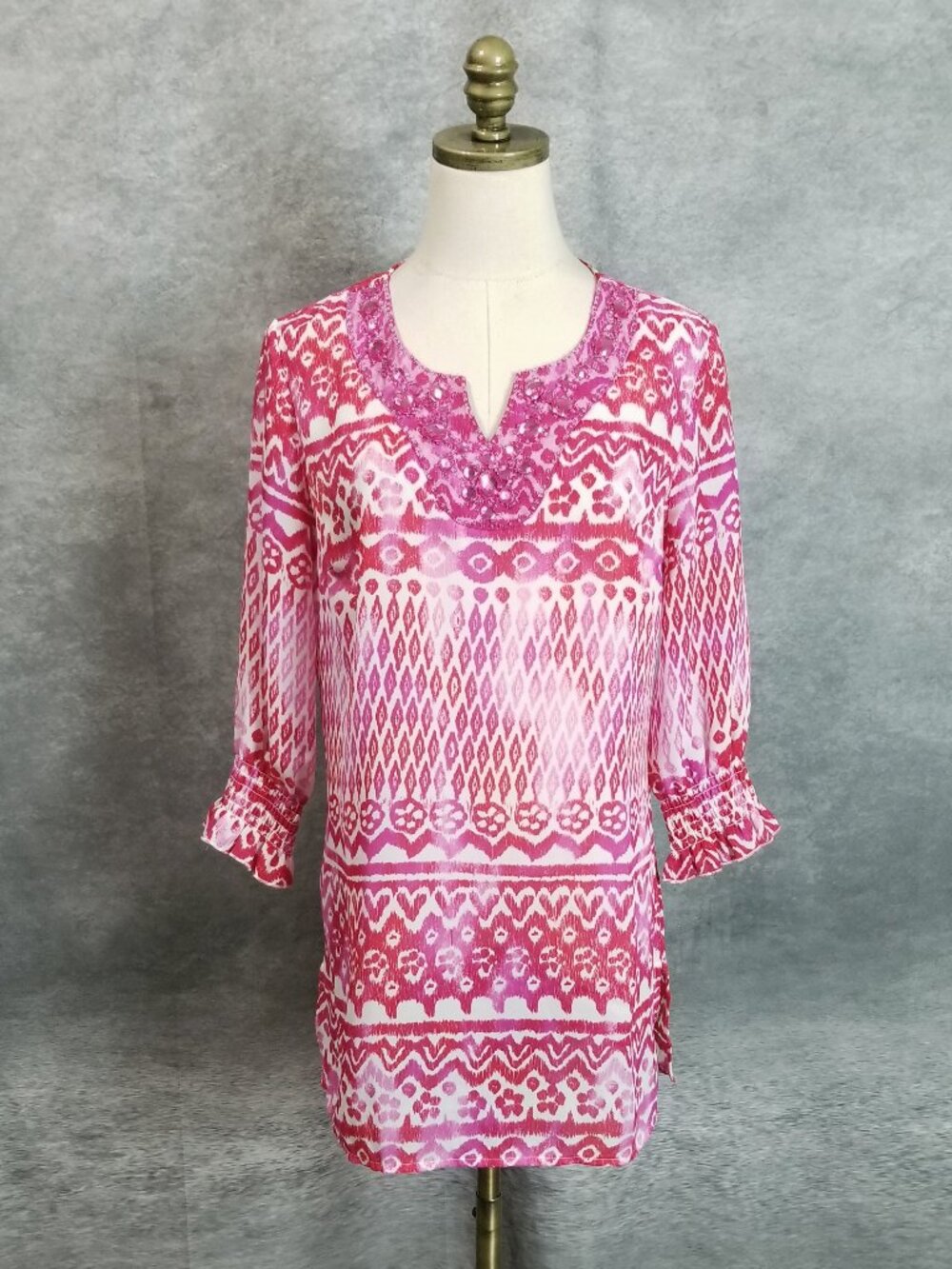 Multiples Pink Geometric Ikat Tunic Beaded Notched Neck Smocked Cuff Size S
